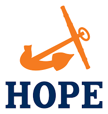 Orange Hope anchor with the word HOPE written in blue below.