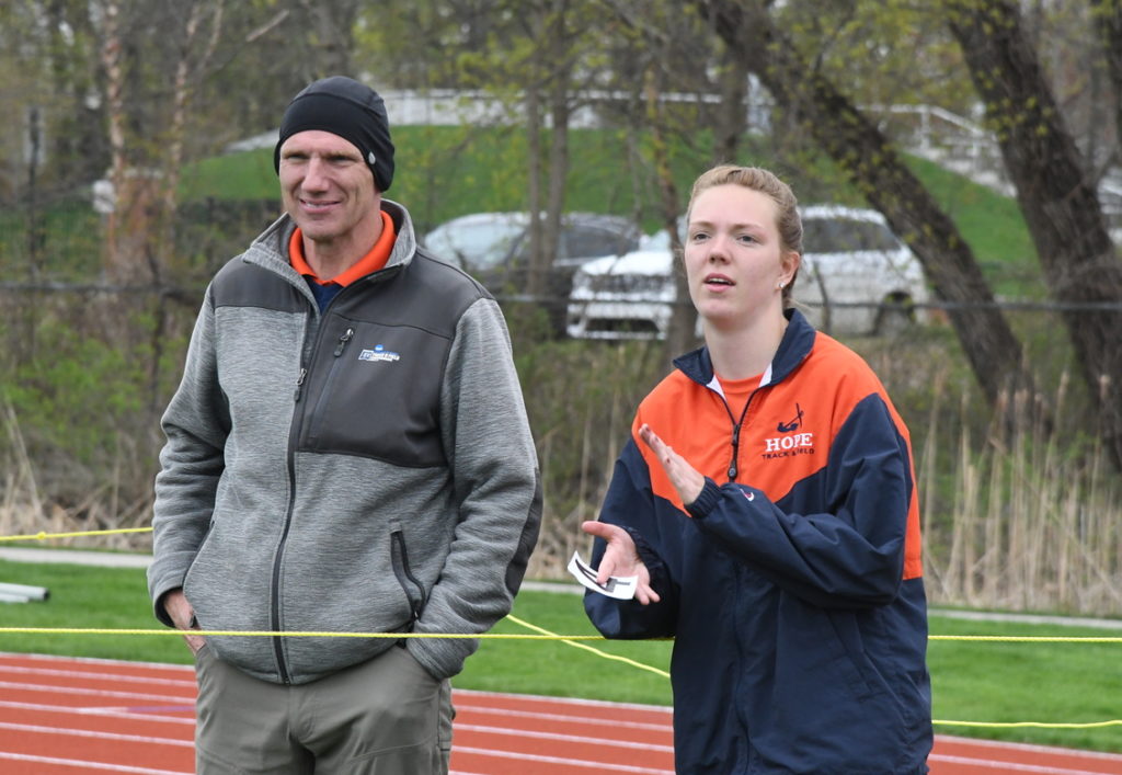 Kevin Cole and Jacinda Cole watch during a track and field meet at Hope College.