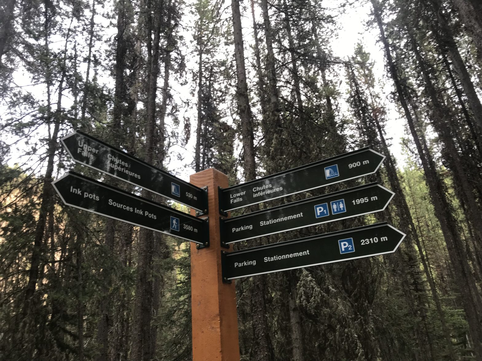 A photo of a trail sign from Banff, Alberta, Canada with two arrow-shaped signs pointing to the left and three to the right. Each arrow has the name of a trail in English and French (e.g. Lower Falls or Inkpots), with the distance in meters.