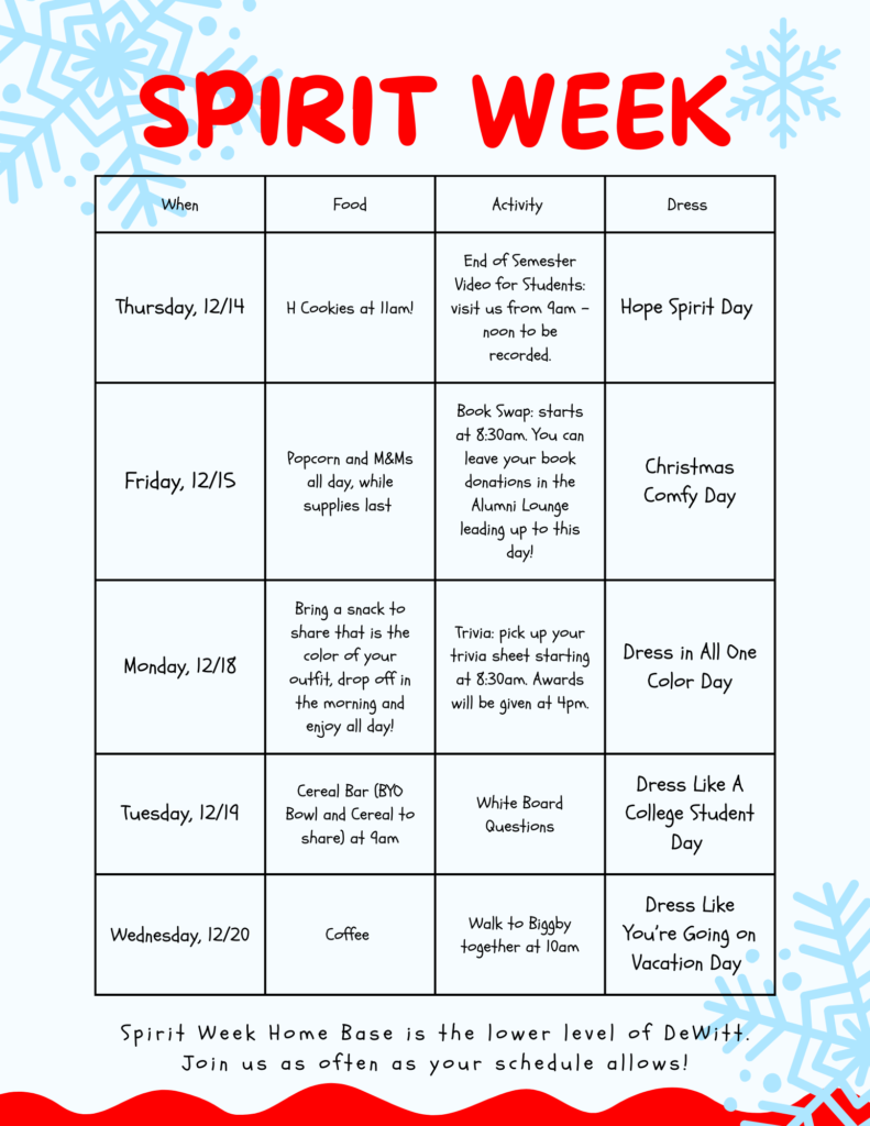 Chart of each days activities for Spirit Week
