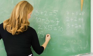 Elementary teacher writing arithmetic on blackboard, rear view