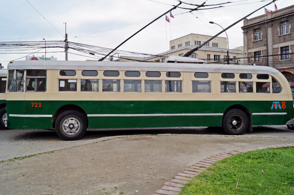 The Trolebus system is more than 50 years old and struggles to maintain the funds necessary to keep running, but it's an iconic part of the Valparaíso public transportation system! Photo not my own (taken from https://commons.wikimedia.org/wiki/File:Trolebus,_Valpara%C3%ADso.JPG; file is licensed under the Creative Commons Attribution-Share Alike 3.0 Unported license.)