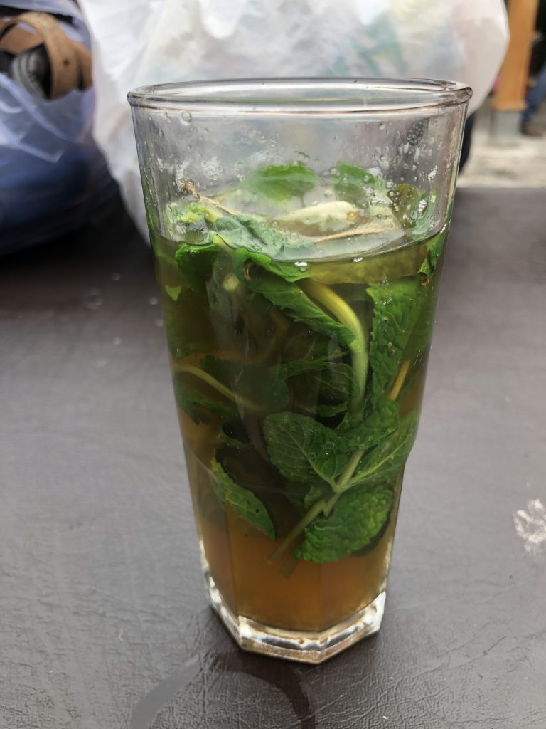 Maghrebi mint tea - a cultural staple in Morocco. Very hot and very sweet.
