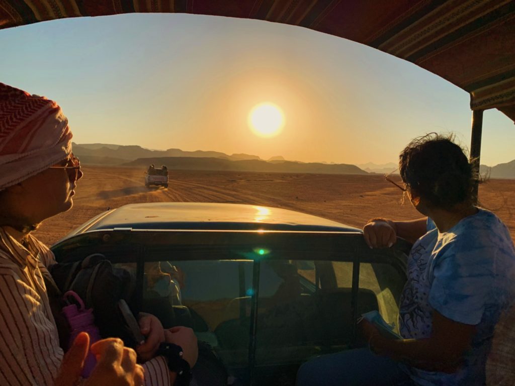 Maybe the best part about our Jeep tour was getting to ride through the desert at sunset. Right now in Jordan the sun is setting at about 6:20pm. I am in the vehicle just ahead.