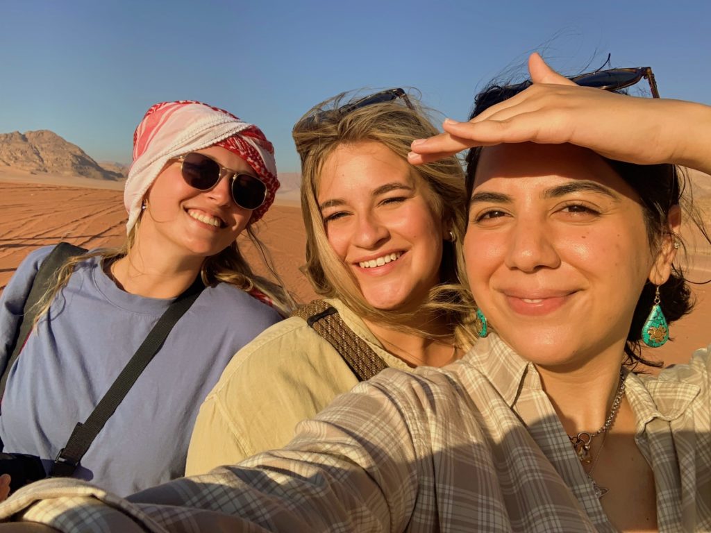 My friend Roxy, on the left, and Ameena on the right. Roxy was smarter than I was and brought her keffiyeh with her to cover her head and mouth when driving. 