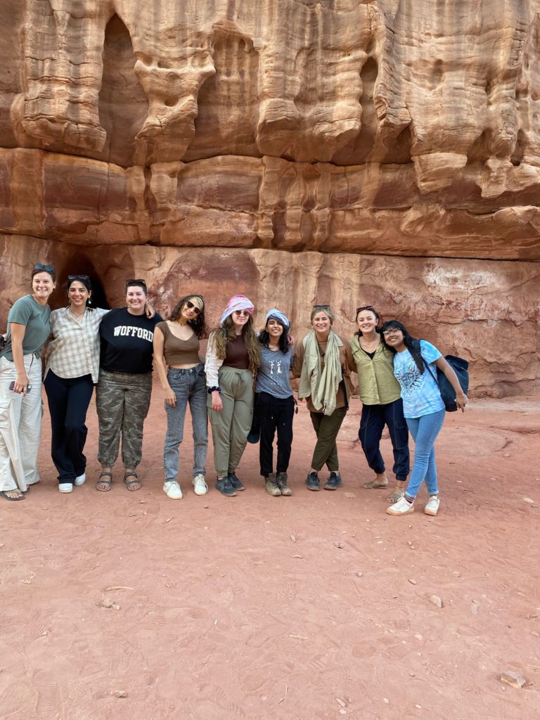 Our second stop was at the cave of Lawrence of Arabia, the entrance of which is just behind us. Frankly, we had more fun yelling across the canyon and hearing our voices reverberate across the rock formations. 