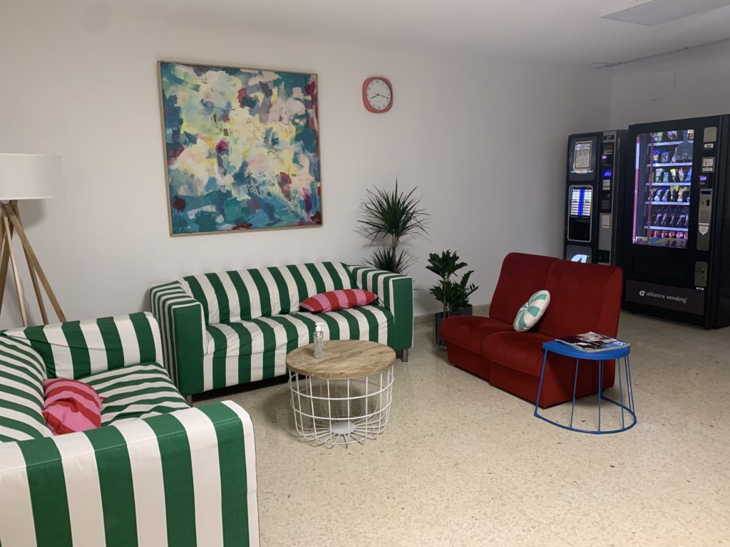 Our lobby, equipped with couches for studying and socializing, vending machines for candy, snacks, and, of course, a hot coffee dispenser