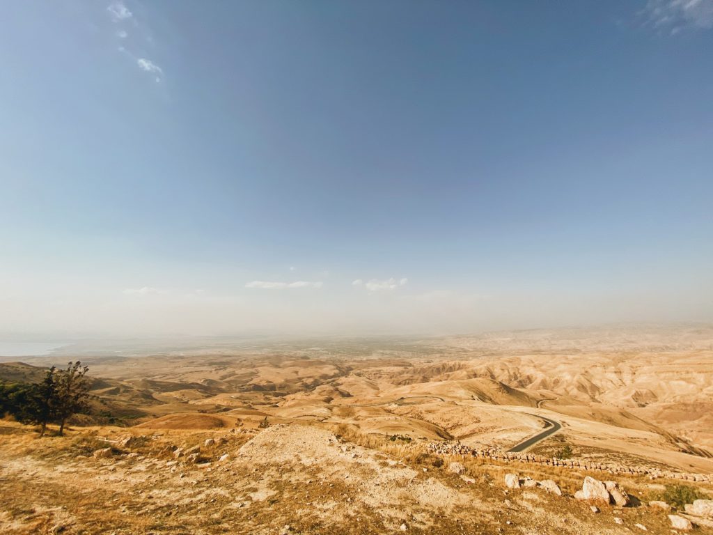 you can see the Dead Sea (far left), Jerusalem (center), the Mount of Olives, and Jericho (right).