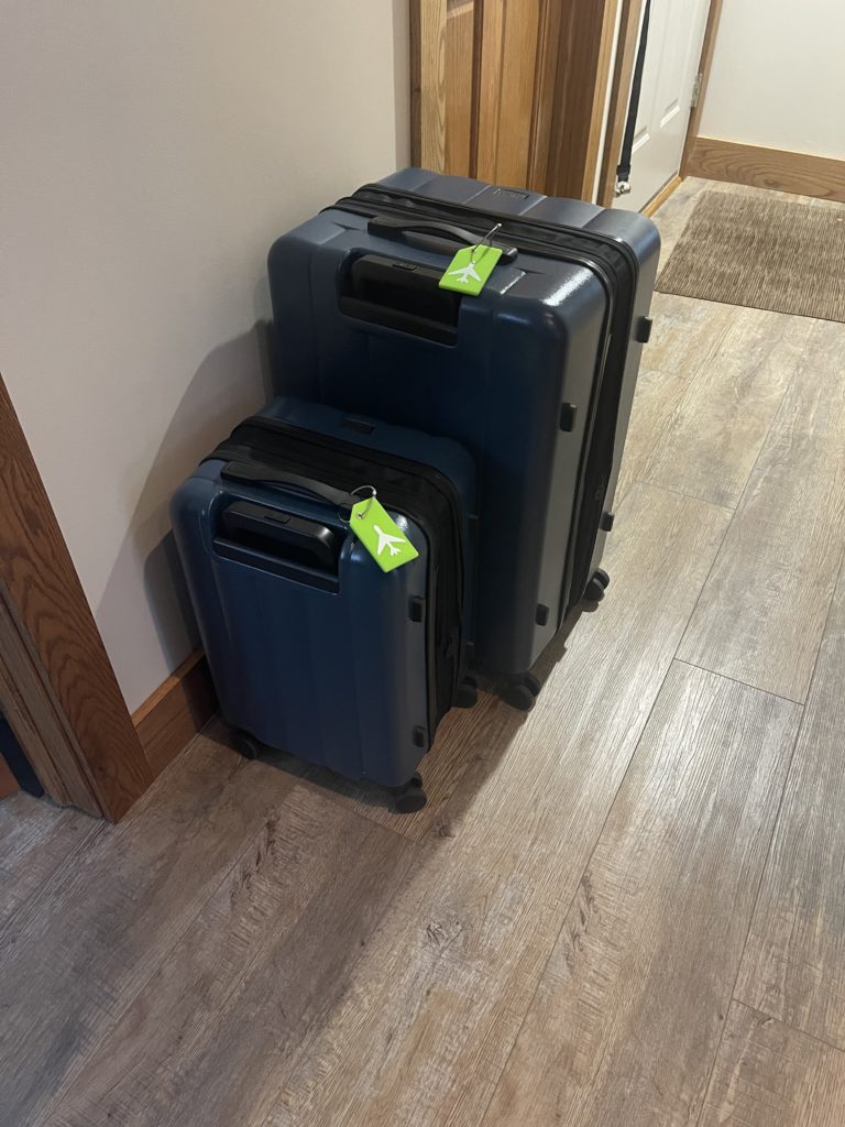 Two packed suitcases waiting to be brought to the airport