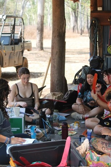 Me (blue/black shirt) with my friends painting our boomerangs.