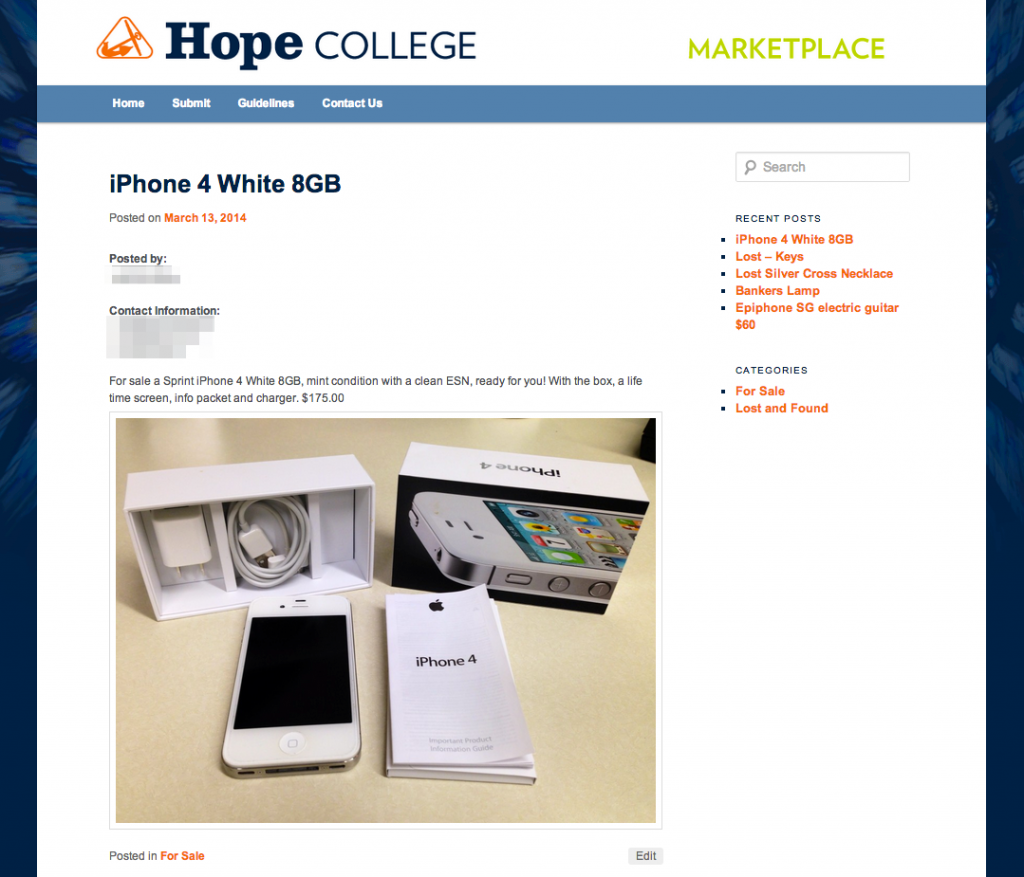 A screenshot of the new Hope College Marketplace on blogs.hope.edu