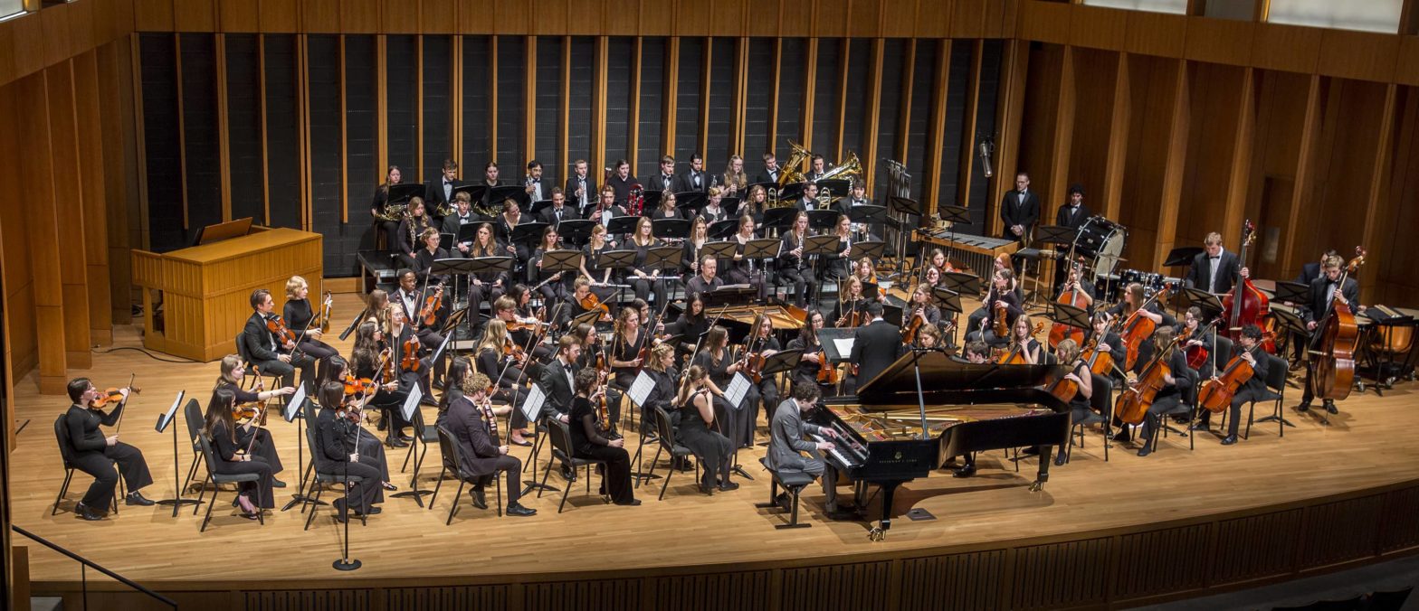 The Hope College Orchestra performing on stage at the Jack Miller Concert Hall