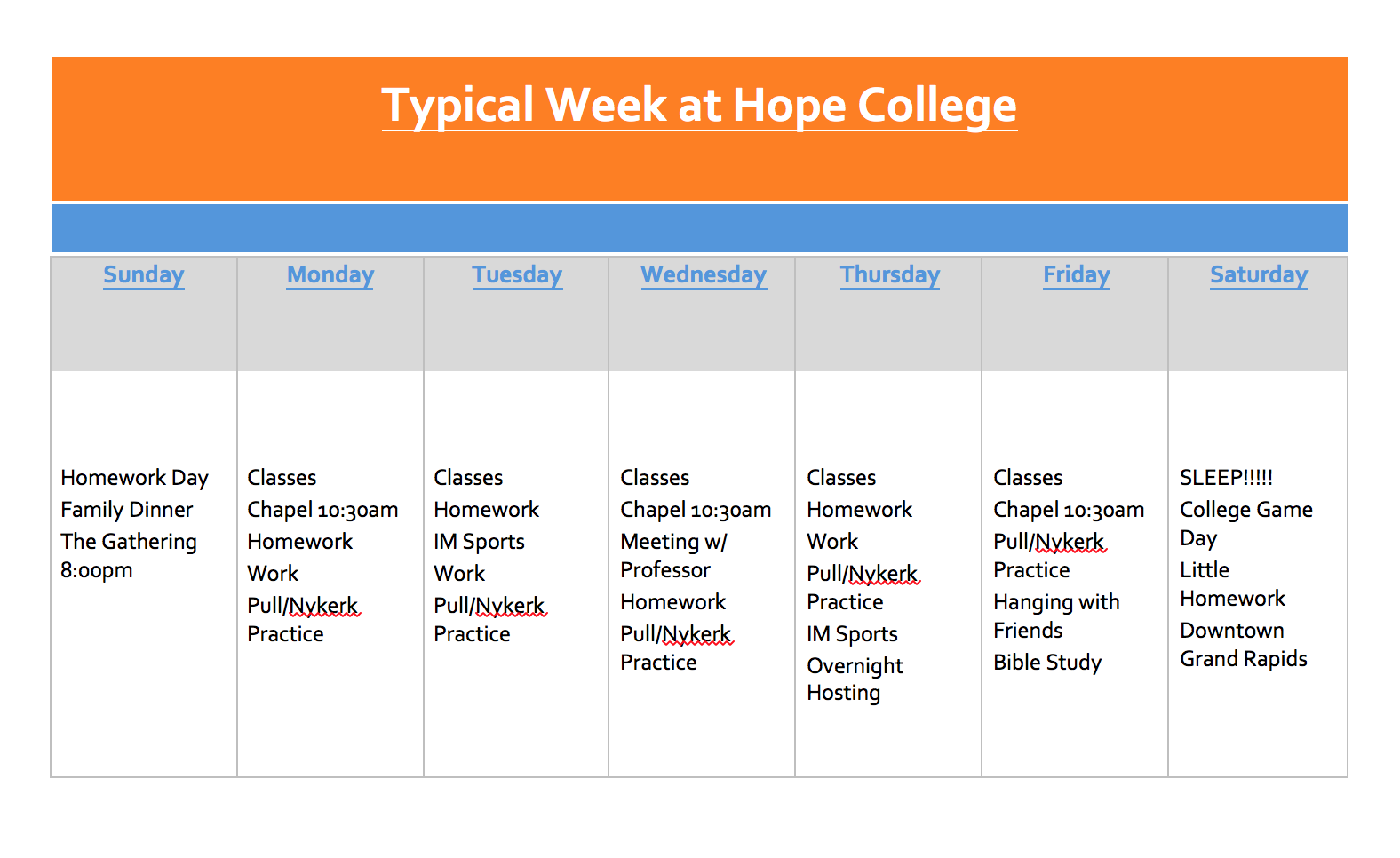 Typical Week at Hope College Life at Hope College