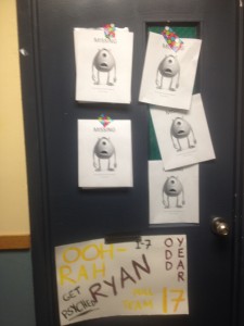We made "Missing" signs that said we were looking for Mike and posted them throughout the second floor of Kollen 2 East.