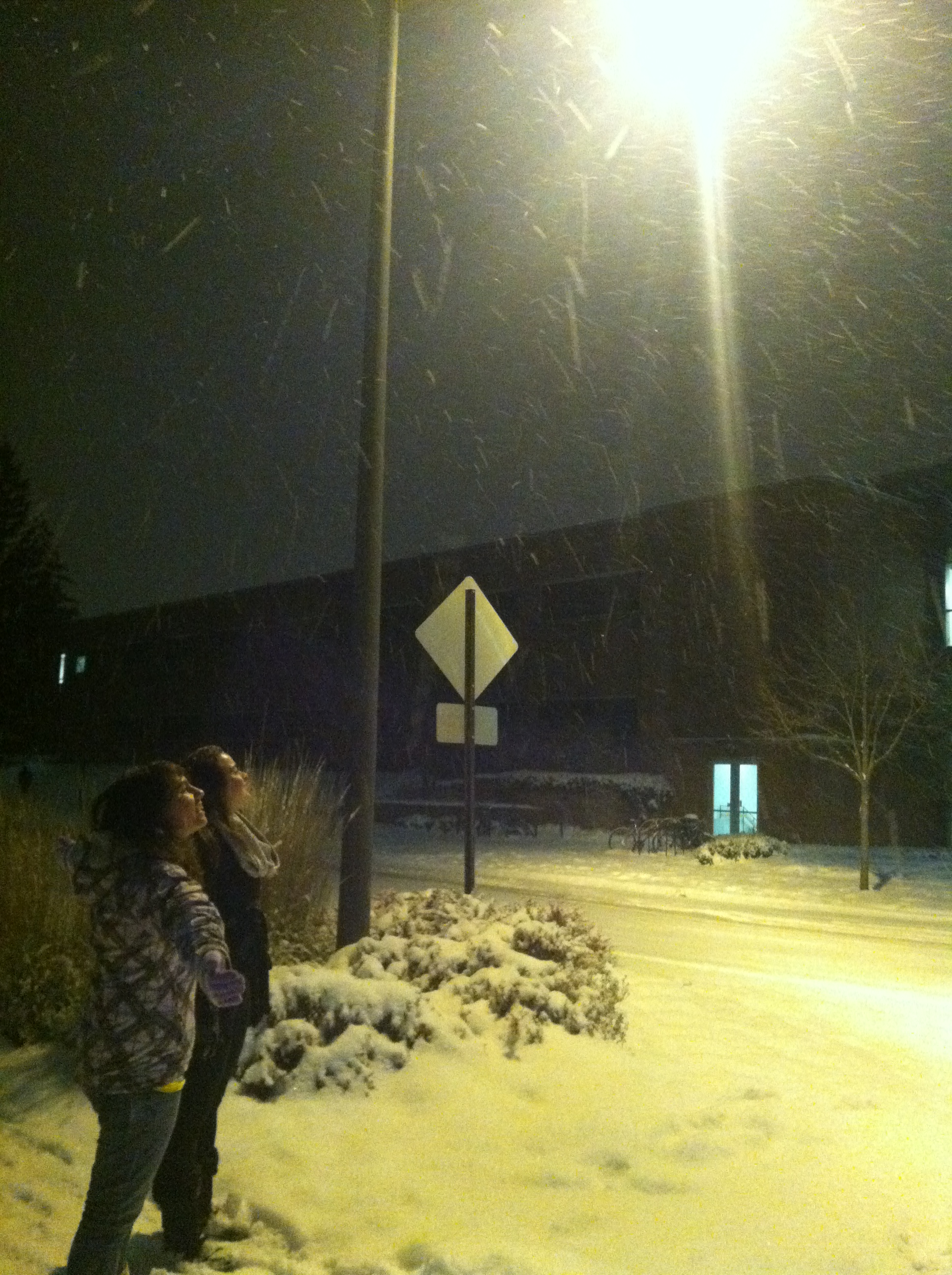 Ashley and Madi gazing at the falling snow