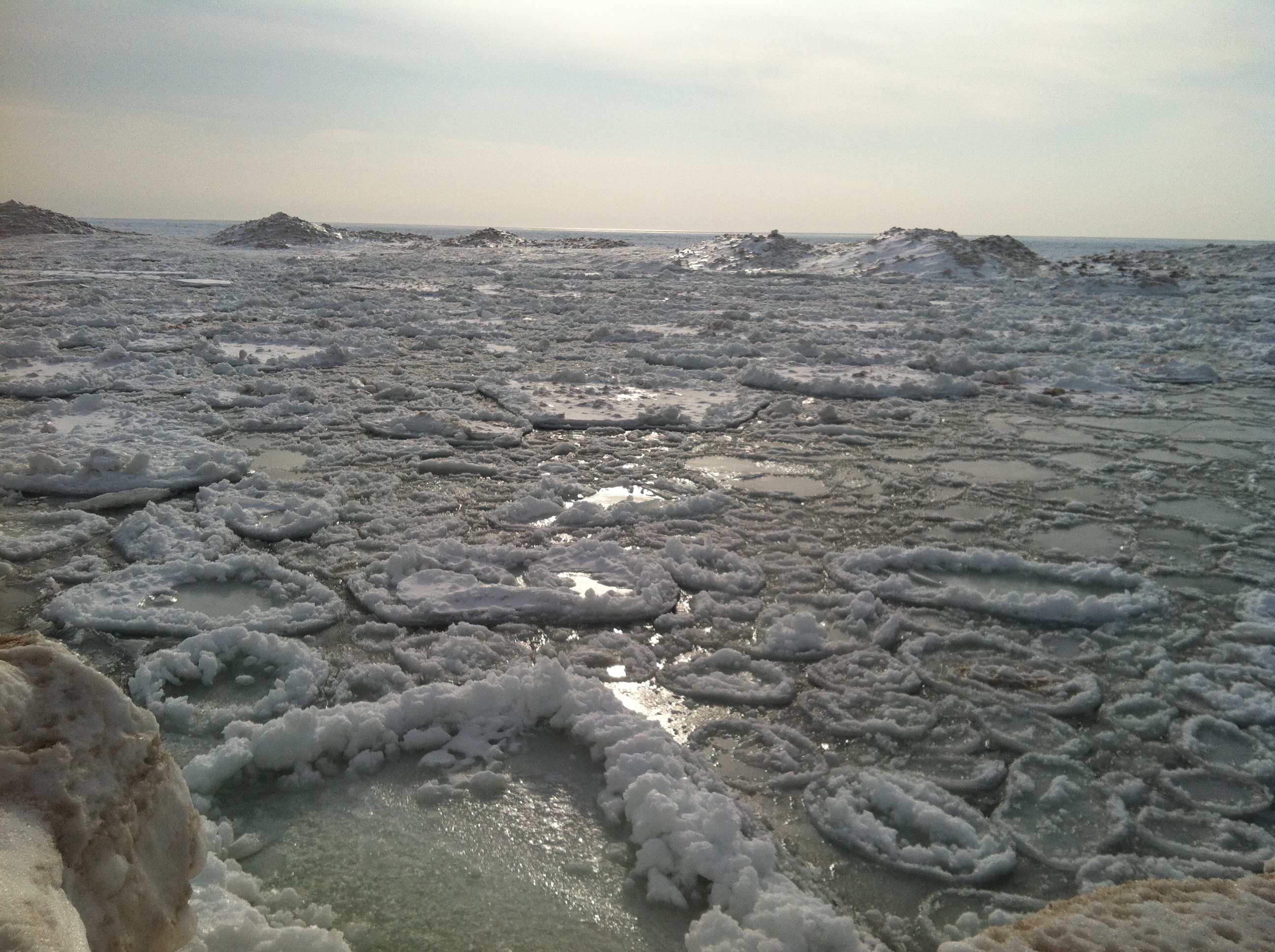 The frozen Lake Michigan with its neat bubble like patches of ice