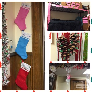 stockings, pinecones with glitter, a bunkbed with lots of pink post-it notes, and snowflakes hanging from a doorway. 