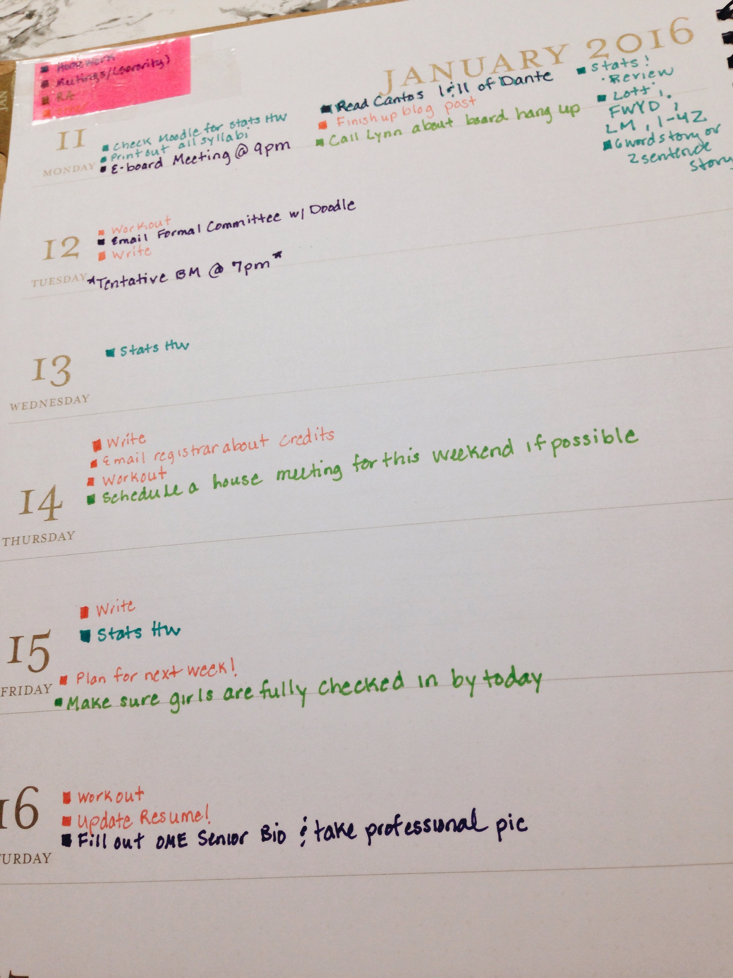 My week all organized in my planner by my color coding system!