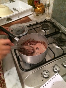 Melting the chocolate for the ganache, yum!