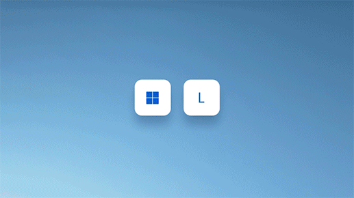 An animated image showing pressing the "Windows" and "L" keys on the keyboard in Windows 11, and the lock screen coming down